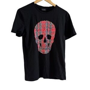 Zara Men’s Black T-Shirt with Reversible Red/Gold Skull Graphic Size S